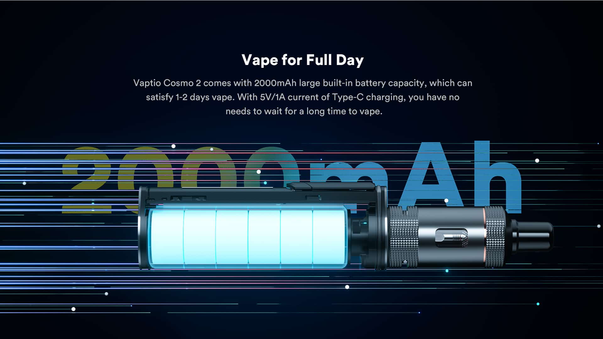 VAPTIO COSMO 2 KIT套裝|2000mAh電池|三段輸出調整|Type-C快充電子煙主機-1 2000mAh電池容量支援三段輸出調整與Type-C快充